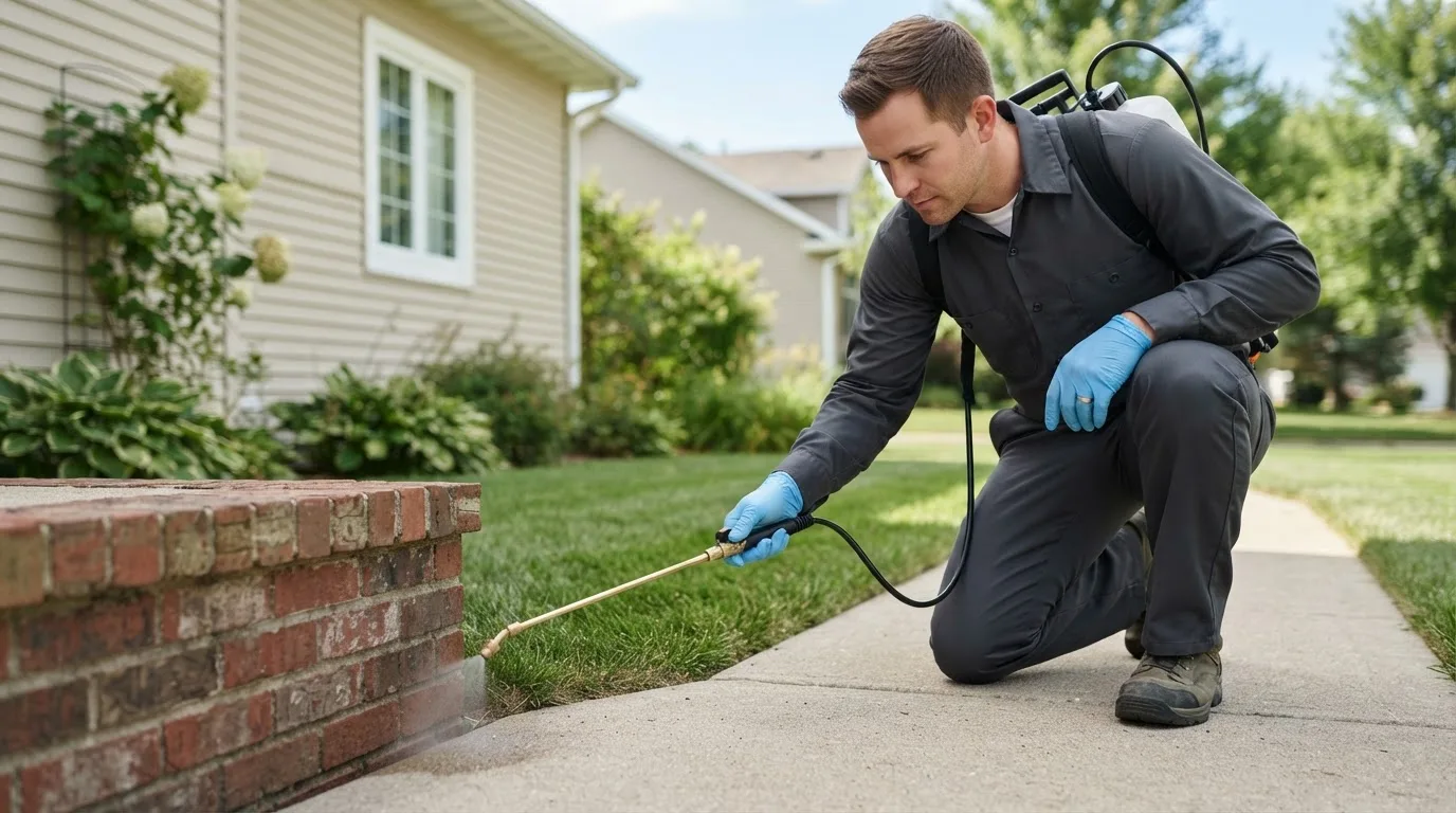 Pest control technician treating a home near Ivanhoe, TX