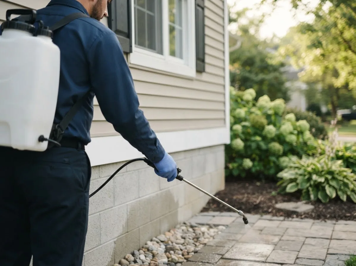 Pest control technician inspecting a home in Ivanhoe, TX